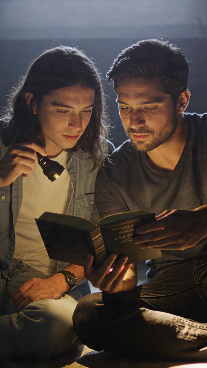 Vídeo vertical: Dois adultos lendo inclinados, ajustando a lanterna sobre o livro durante uma queda de energia.