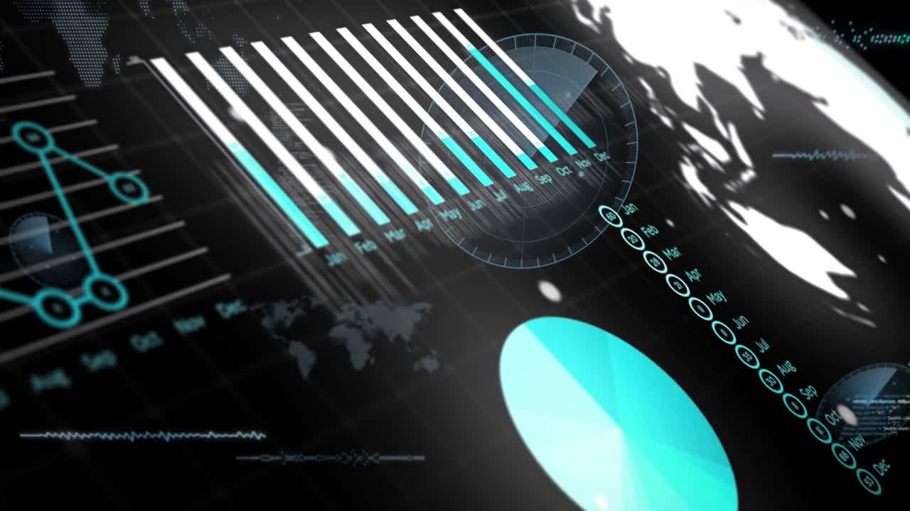 Teal diagonal bar chart animating on dark grid, showing world map, radar, code snippets, waveforms