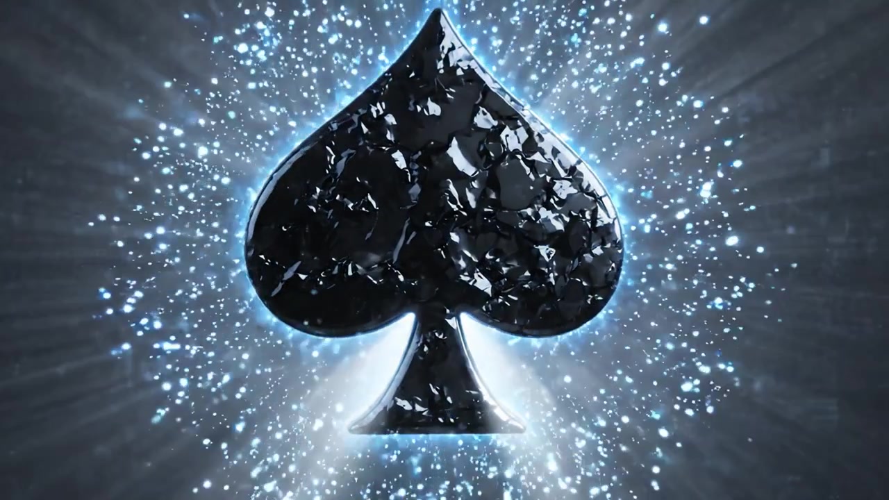 An electrifying visual transformation showcases a striking spade symbol emerging from darkness, illuminated by vibrant blue hues and glimmering particles, embodying a sense of intrigue and energy.