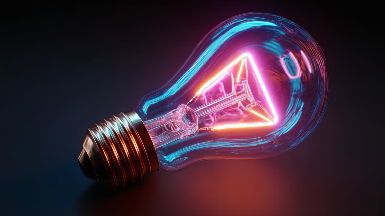 Vibrant glass light bulb with a glowing triangular filament, symbolizing new ideas, innovation, and creative thinking, illuminates a dark background with brilliant blue and pink neon light