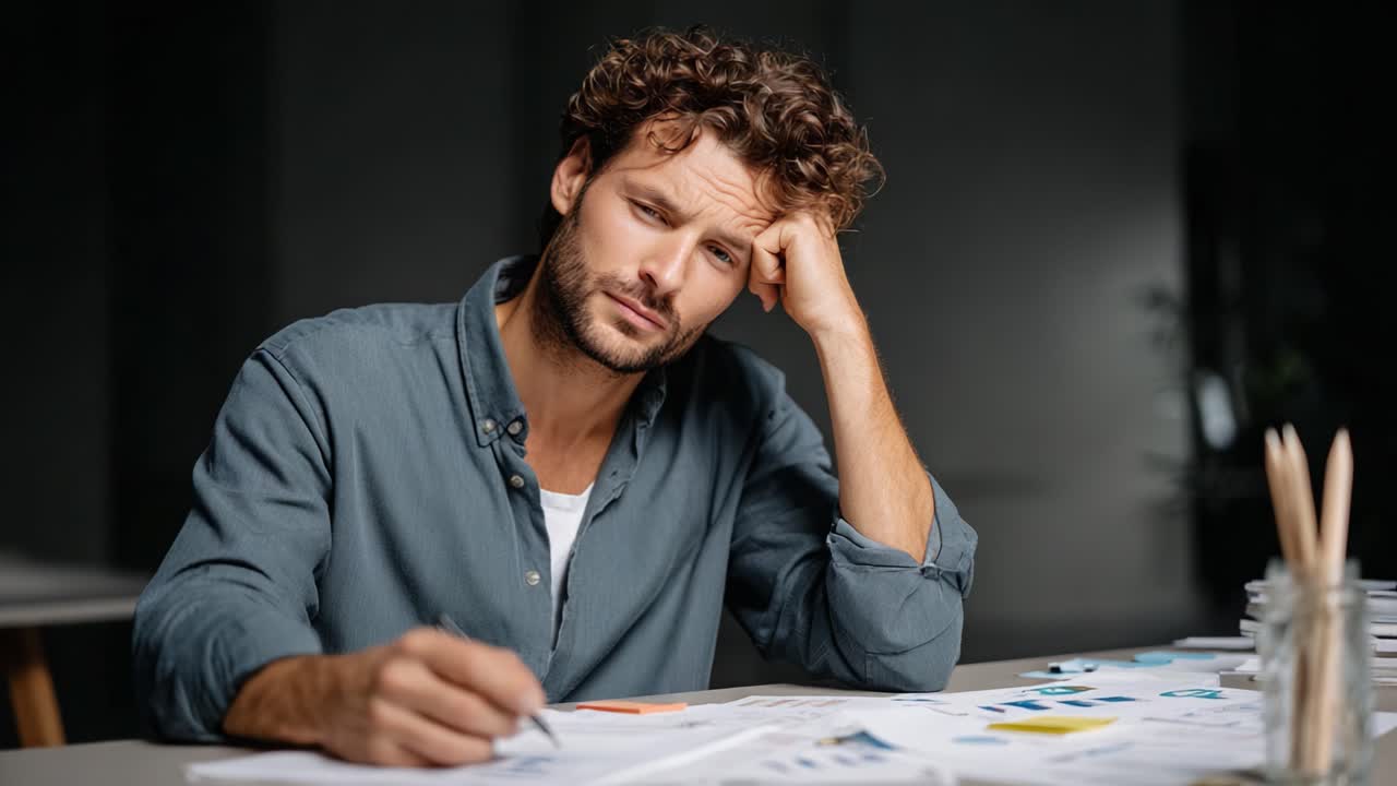 A Thoughtful Professional Deep in Concentration, Struggling with Paperwork and Ideas, Captured in Two Frames of Introspection and Focused Productivity