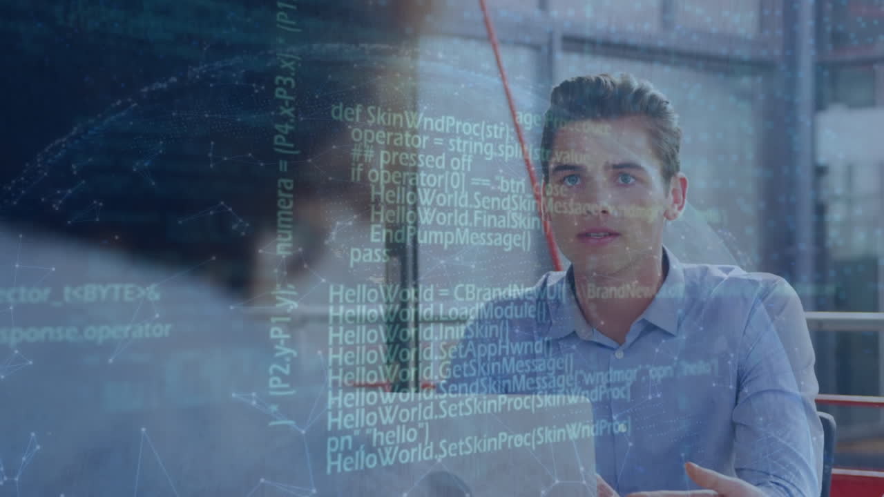 Animation of connected dots on globe, computer language over diverse coworkers discussing reports