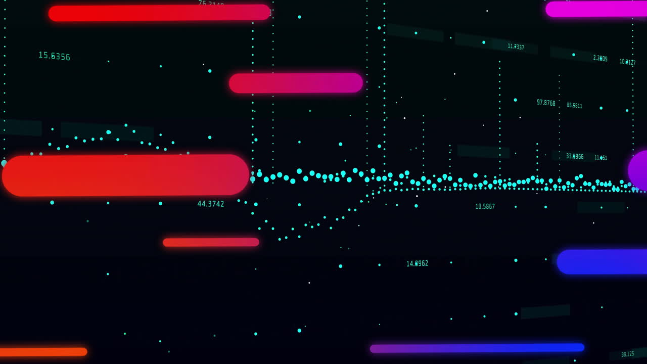 Neon data bars moving in flat dashboard design, showing dotted lines and numeric labels