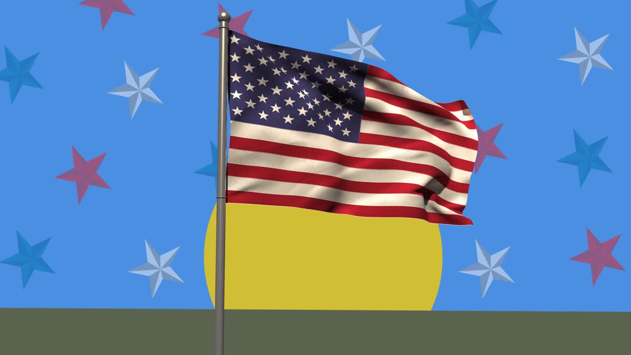 파란색 배경에 여러 가지 다채로운 별을 반대하는 노란색 둥근  ⁇ 발 위에 미국  ⁇ 발을 흔들고