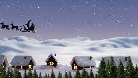 Animation-of-santa-claus-in-sleigh-with-reindeer-over-snow-falling-and-winter-landscape