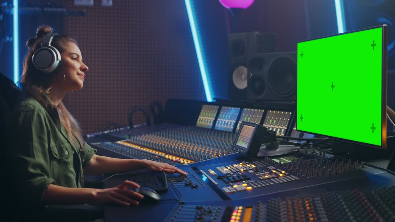 Elegante Ingegnere del Suono / Produttrice che lavora in uno studio di registrazione musicale, utilizza cuffie, un display per computer con green screen, mixer e banco di controllo per creare una nuova canzone. Artista musicista creativa balla.