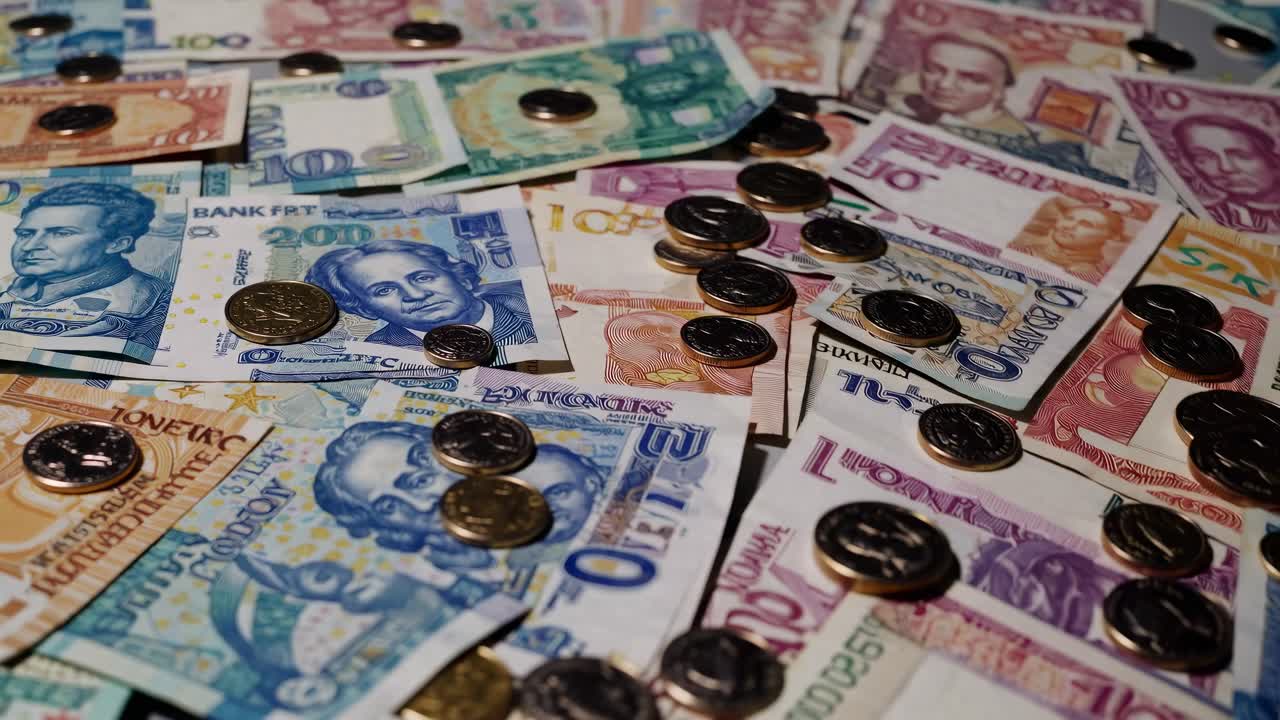 さまざまなカラフルな紙幣やコインが散らばり、鮮やかでダイナミックな雰囲気を演出する俯瞰アングル