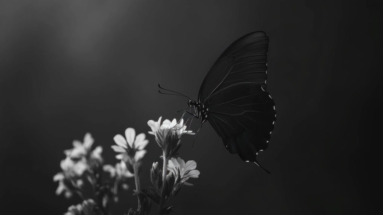 Black Butterfly Resting on White Flowers in Monochrome