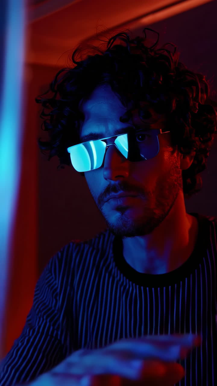 Man with Futuristic Sunglasses in Neon-Lit Setting