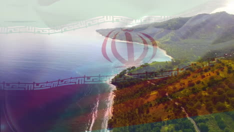 digital composition of waving iran flag against aerial view of the sea