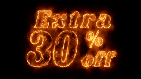 extra 30% percent off word hot animated burning realistic fire flame loop.