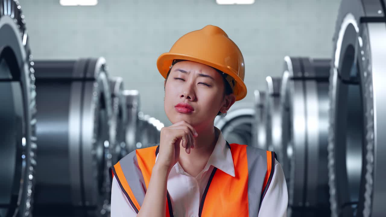 안전 헬을 입은 아시아 여성 엔지니어가 무언가에 대해 생각하고 금속 공장에서 서 있는 동안 주위를 둘러보고 있습니다.