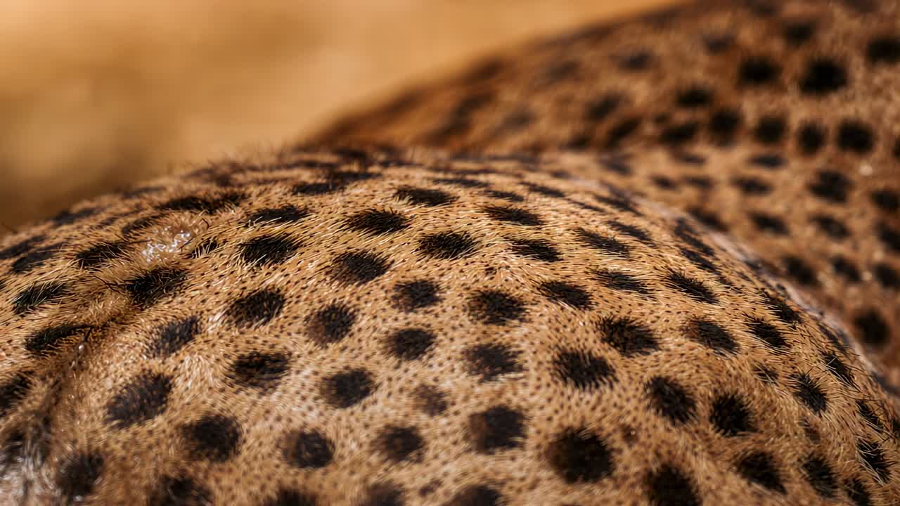 Camera focusing in extreme close-up on wild cat fur, showcasing dense black spots for texture study
