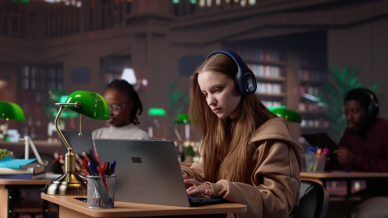 Vertical video young student attending to a web lecture with headset in the campus library