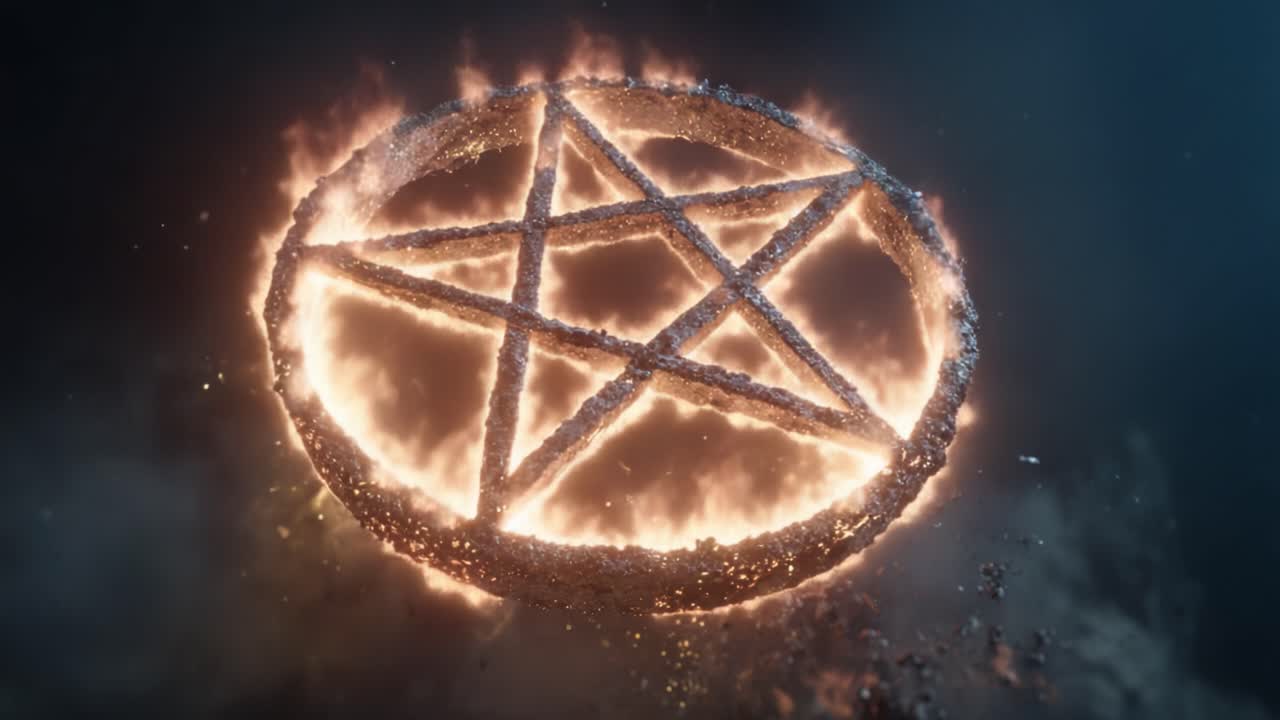 Sebuah Pentagram Misterius Diterangi Api: Tampilan Cahaya dan Kegelapan yang Memukau, Melambangkan Persimpangan Mistisisme dan Api dalam Atmosfer Eteris