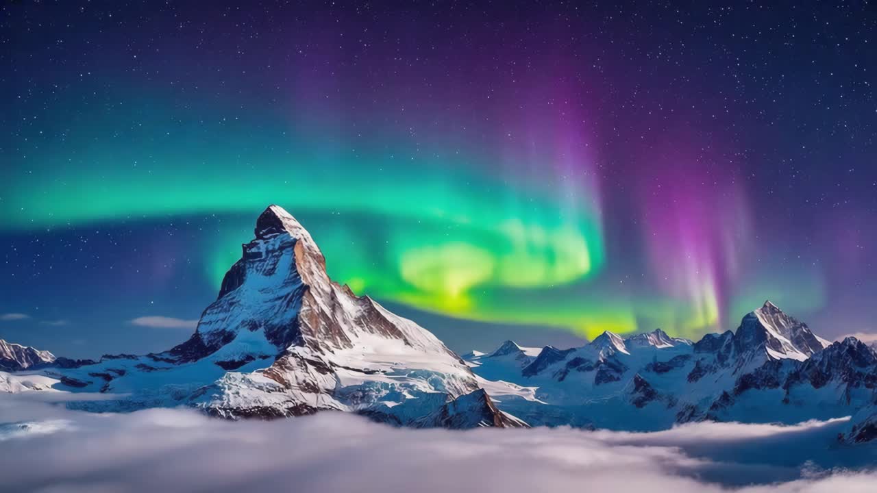 Mountain landscape with aurora borealis