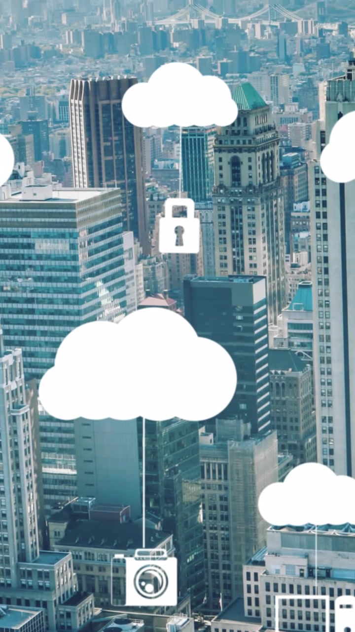 Animation of icon hanging on clouds over modern cityscape in background