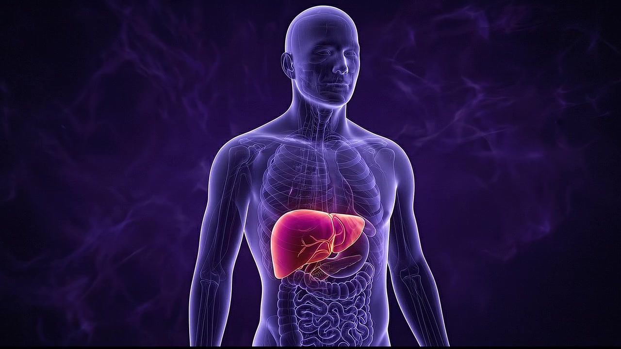 Human digestive anatomy visualization highlighting stomach region in medical render