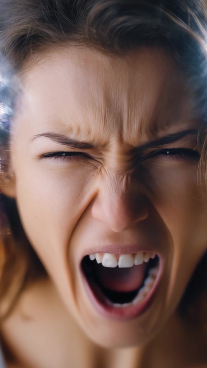 Intense Emotional Display: A Captivating Journey Through Anguished Expressions Captured in Two Frames of a Distressed Woman Yelling in Frustration.