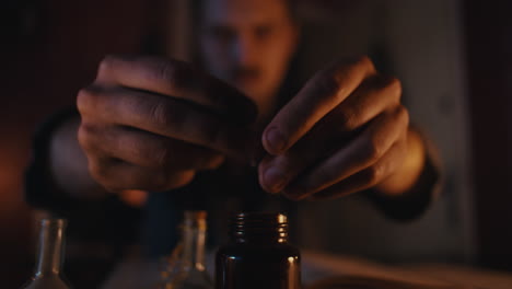 alchemist's hands at work in a dimly lit laboratory