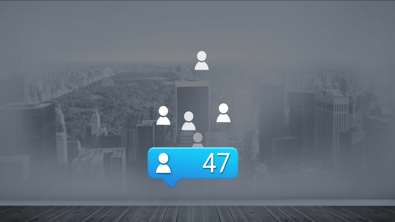 Animation af digitale brugerikoner og notifikationsboble over bylandskabsbaggrund.