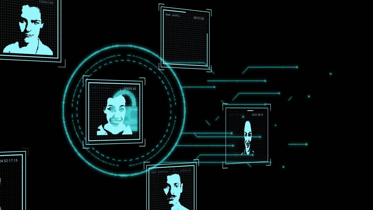 animación del candado, fotos biométricas y procesamiento de datos digitales sobre un fondo oscuro