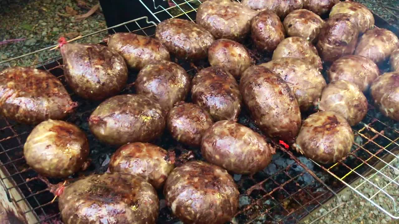 comida callejera tailandesa: hígado y entrañas de vaca a la parrilla