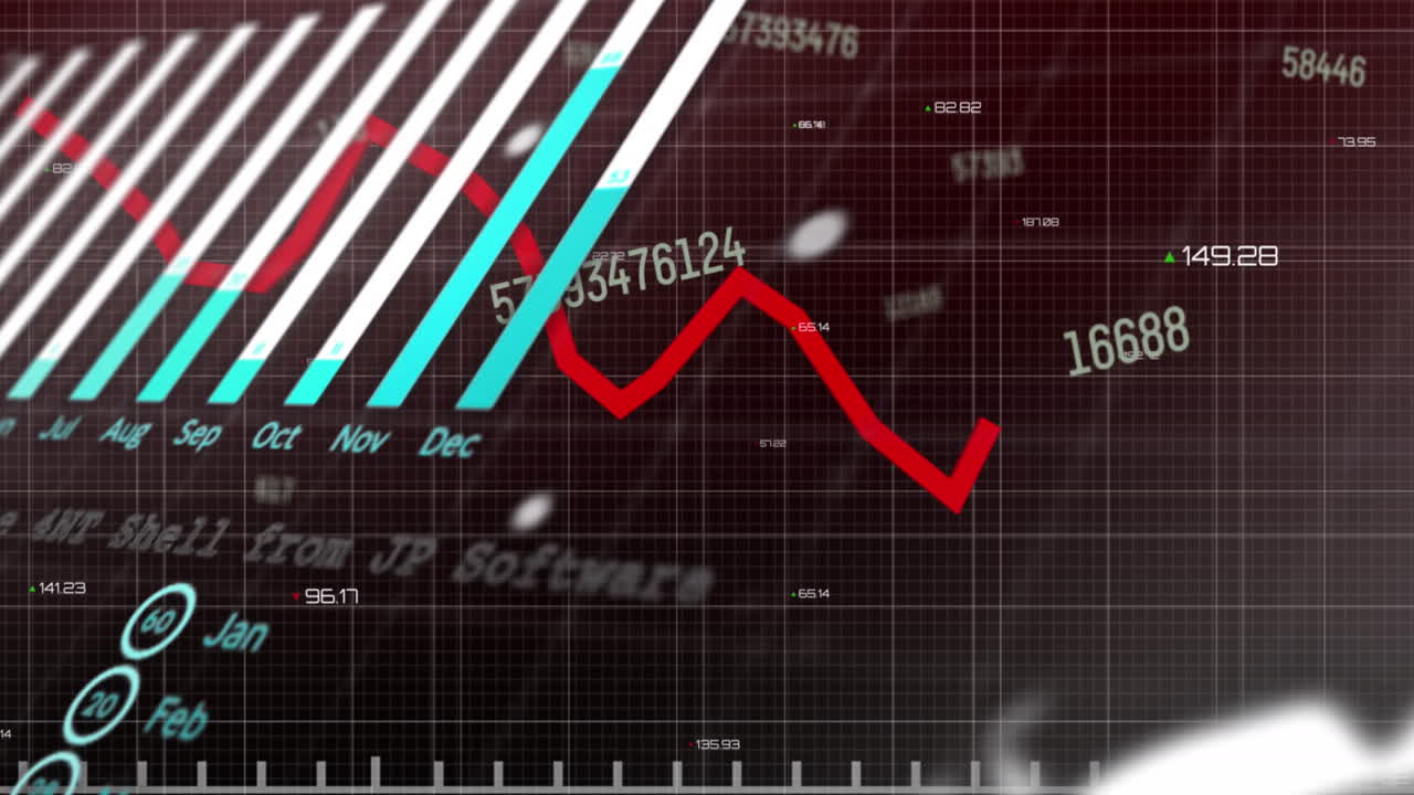 Animation of statistical data processing and multiple changing numbers against black background