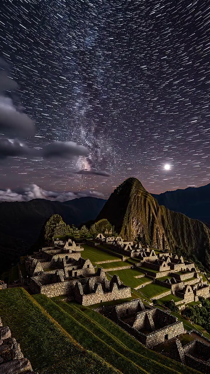 Machu Picchu, antica cittadella Inca, dal tramonto al cielo notturno stellato.