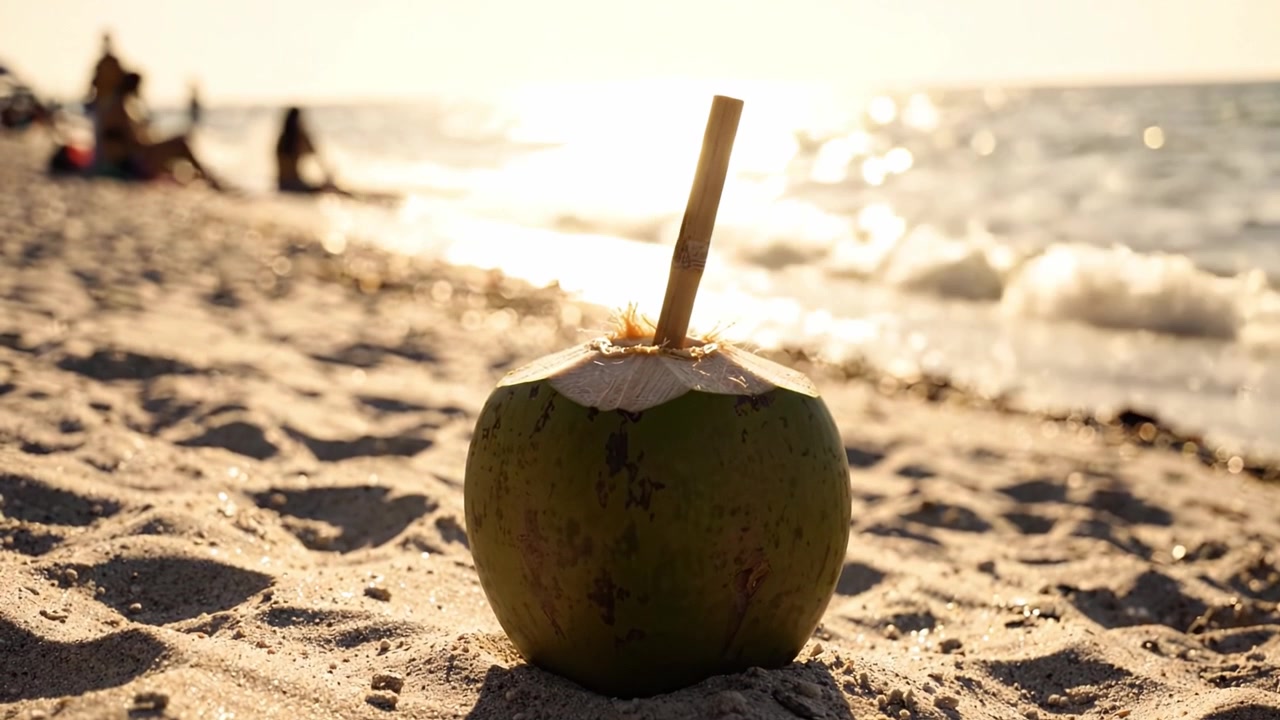 A Refreshing Coconut Drink on the Beach at Sunset, Capturing the Serenity and Beauty of Nature's Splendor with Warm Golden Hues and Warmth of the Sand