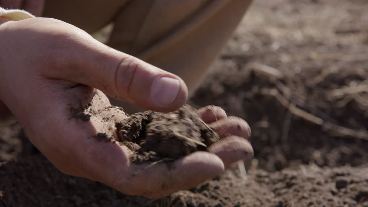Mano d'uomo che smuove il terreno, in preparazione alla semina, agricoltura, primo piano