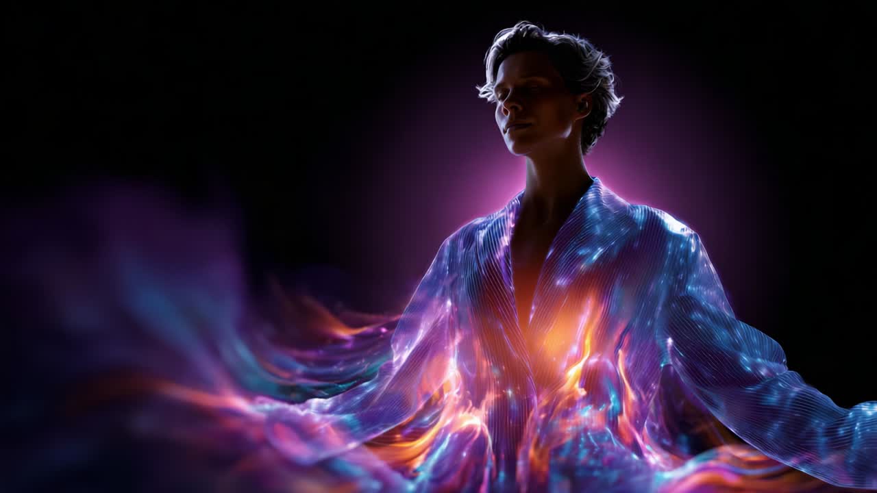 A Captivating Display of Light and Energy: An Ethereal Figure Dressed in a Vibrant, Flowing Robe Amidst a Mesmerizing Aura of Colorful Swirls and Glowing Effects, Evoking a Sense of Mystique and Wonder