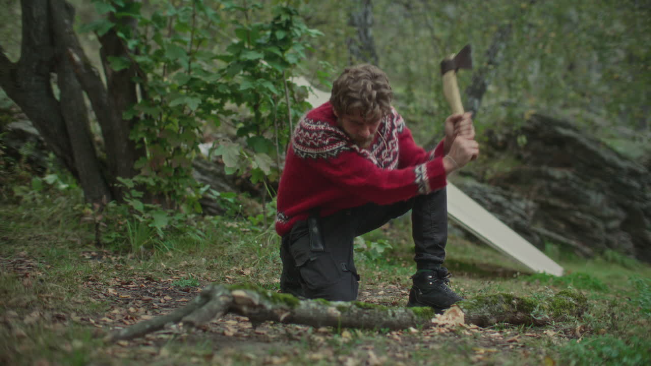 Man Splitting Mossy Log with Axe in Woodland Camp