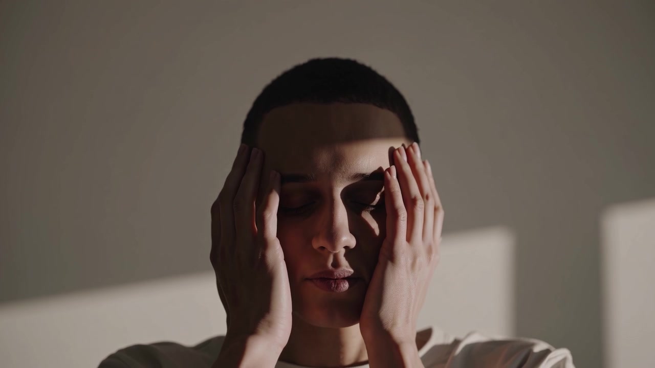 Giovane Uomo Che Si Copre Il Viso Con Le Mani Alla Luce Del Sole