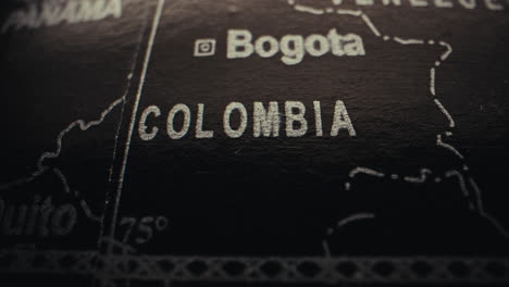 close-up of a world map focusing on colombia