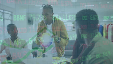 animation of financial data processing over diverse business people in office