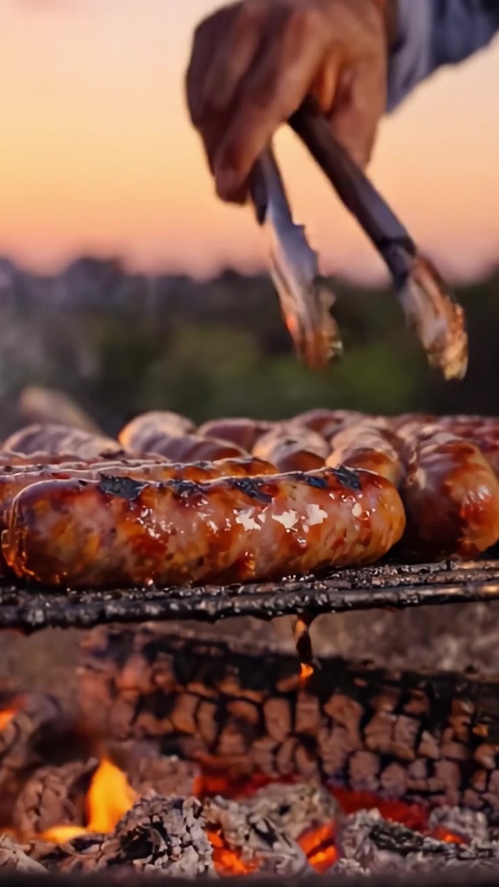 Um Close-Up de Salsichas Grelhando Sobre uma Chama Aberta ao Pôr do Sol, Capturando a Textura Chiante e o Sabor Suculento que Torna o Churrasco uma Experiência Deliciosa