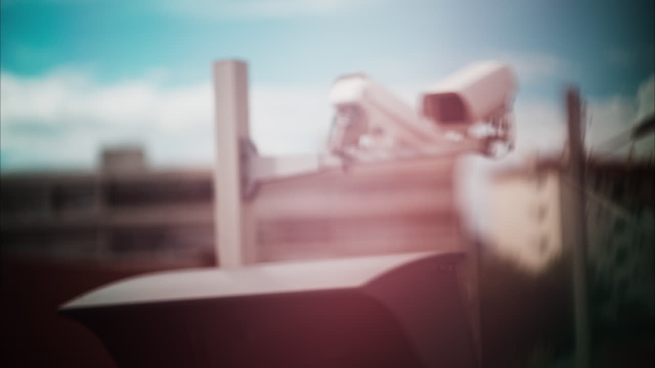 Close up of two white surveillance cameras with a blurry background