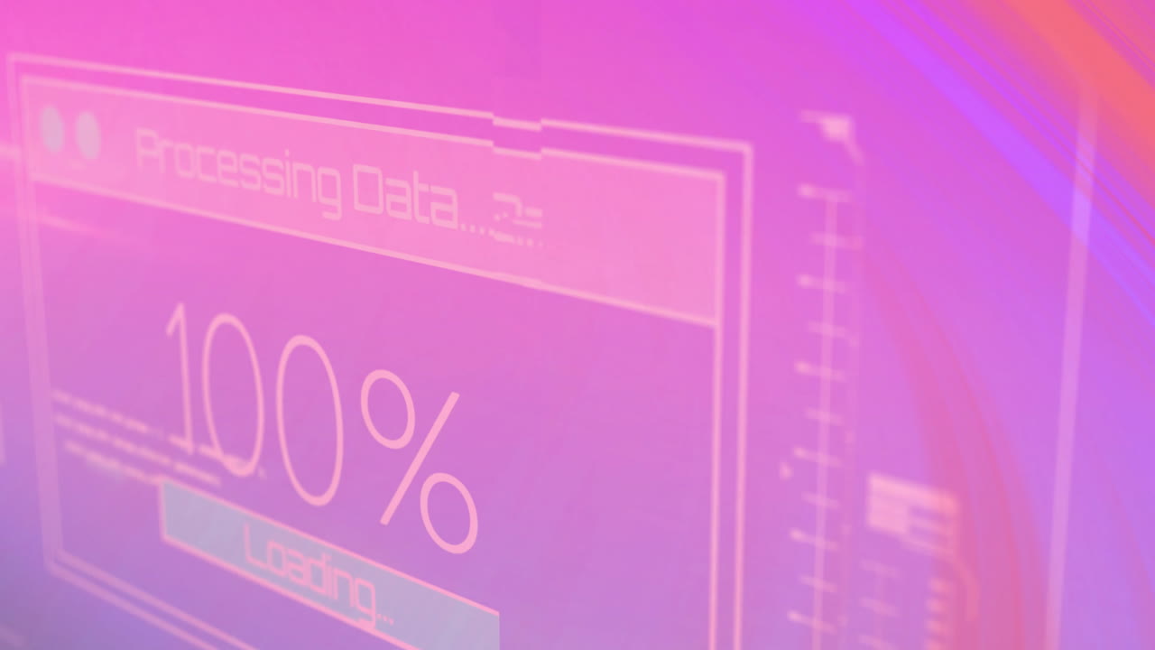 animación de procesamiento de datos con barra de carga del 91% sobre fondo rosado
