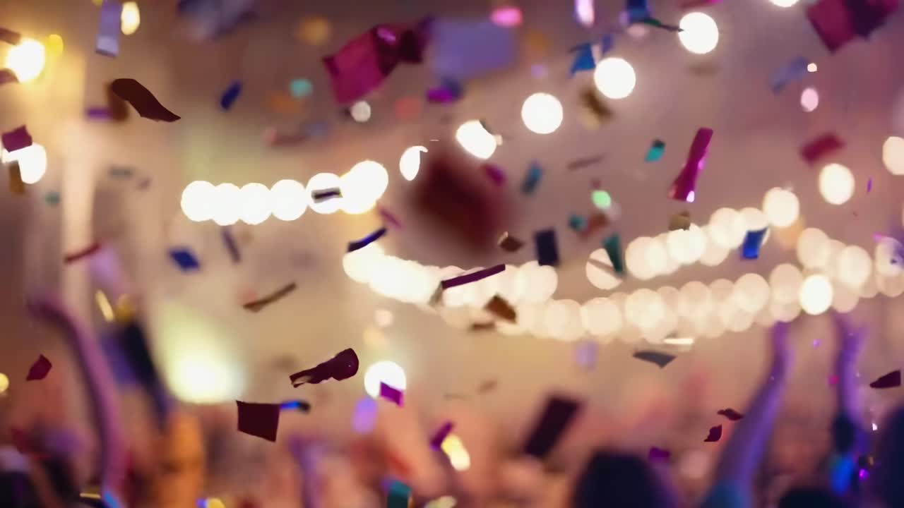 カラフルな紙吹雪が舞い落ちる祝祭的なビデオシーン、ローアングルで撮影、ボケライト