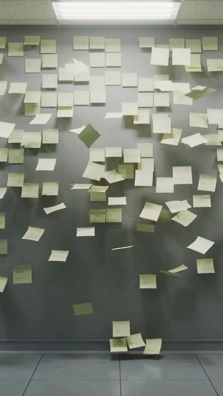 Vertical video: Lifting at one corner, yellow sticky notes peeling from gray wall onto tiled floor