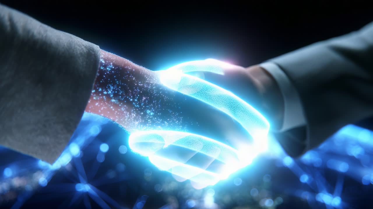 A Visual Representation of Trust and Collaboration: Two Hands Joining in a Digital World, Symbolizing Partnership and Unity Amidst a Sea of Light and Data, Merging Human and Technological Elements with a Futuristic Touch