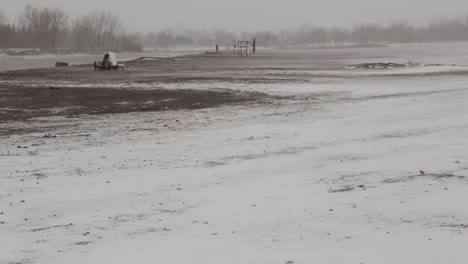 snowflakes falling covering the field with snow during winter season - medium shot
