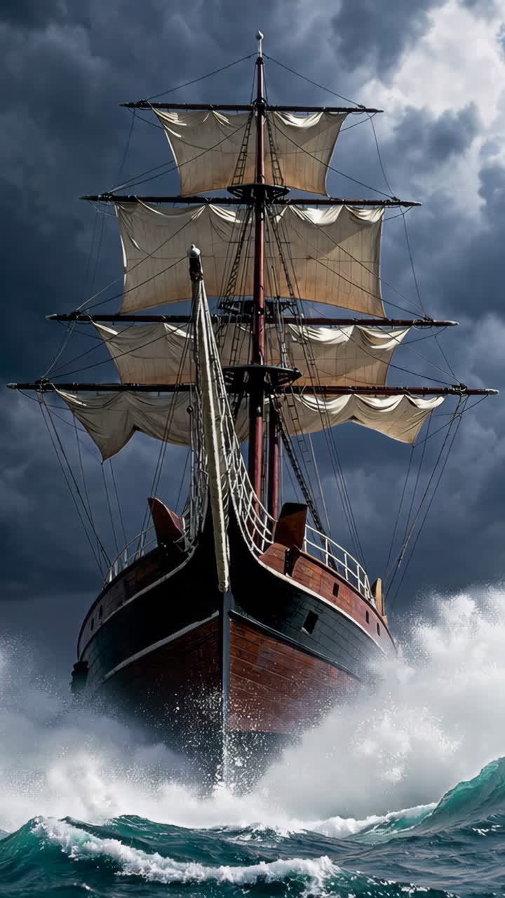 A tall ship navigating stormy seas with crashing waves under a dark sky