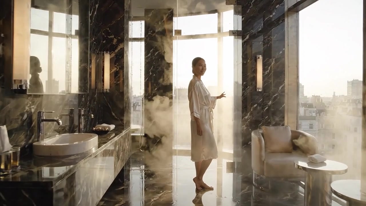 A Serene Retreat: A Woman in a Luxurious Bathroom Surrounded by Steam and Elegance, Enjoying the View from a Modern High-Rise at Sunset