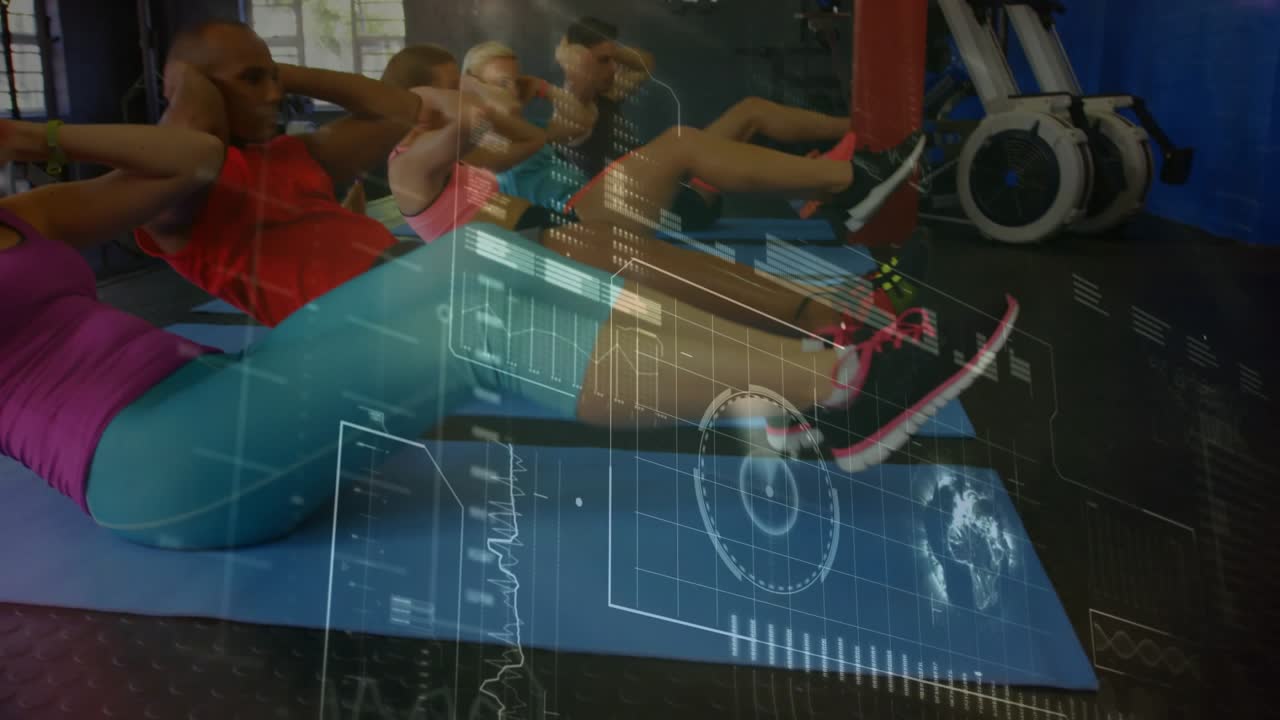 Front woman leading crunching, twisting on mats, HUD overlay showing fitness while group mirroring