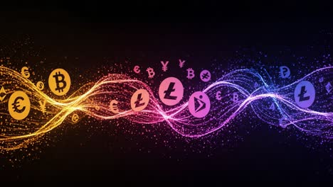 a dynamic representation of digital currency waves: exploring the vibrant flow of cryptocurrencies and their symbols through colorful patterns and motions