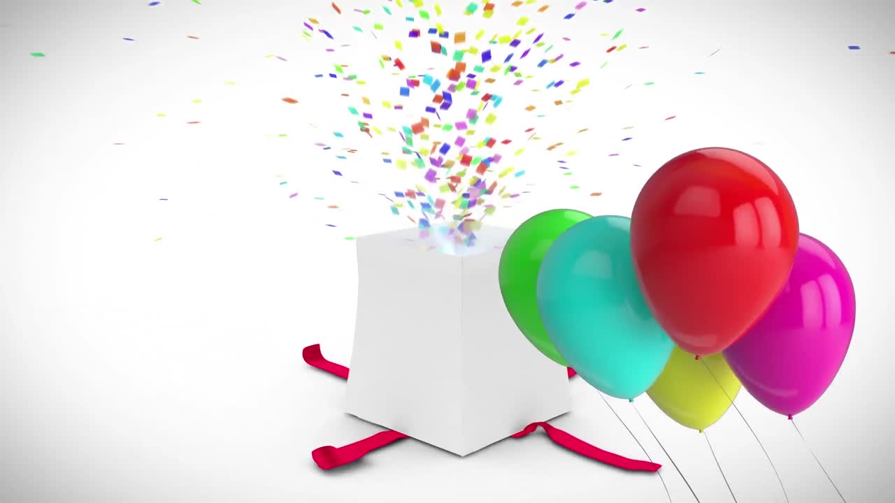 globos y presente sobre un fondo blanco