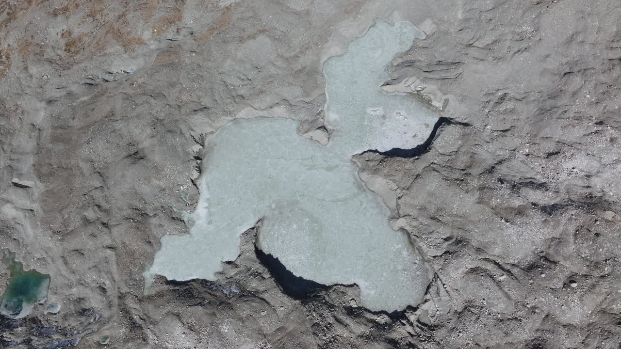 Étang gelé formé par la fonte des glaciers dans la région de l'Everest au Népal, soulignant l'impact visible du réchauffage climatique dans le paysage himalayen de haute altitude.