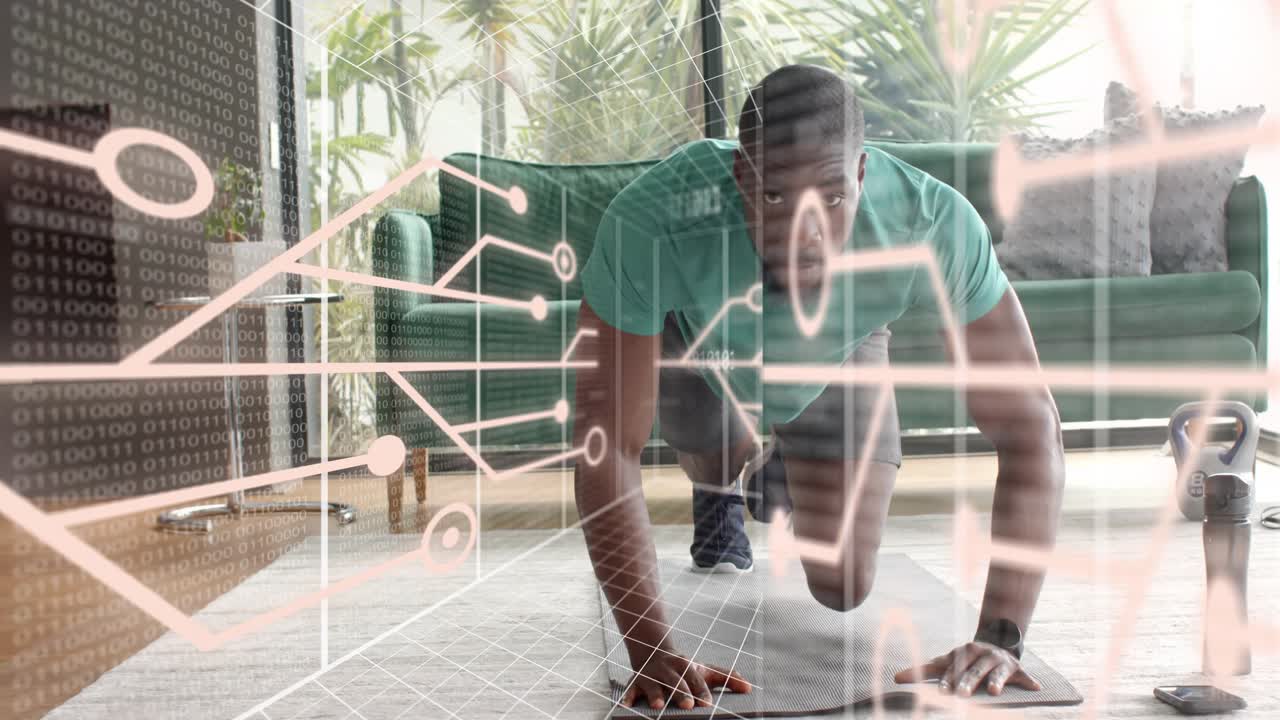 Man starting plank, performing alternating knee drives with kettlebell while HUD tracking fitness